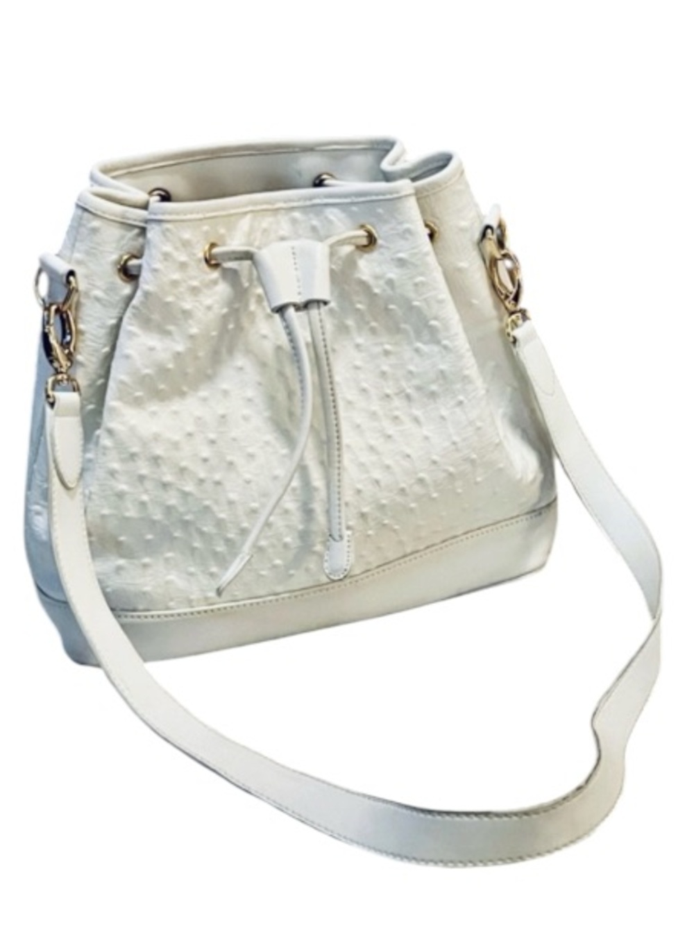Giani Bernini Ostrich Print Vintage 90s White Embossed Leather Bucket Handbag